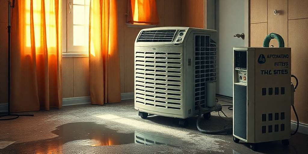 Large portable air conditioning unit leaking water onto the floor in a dimly lit room with orange curtains