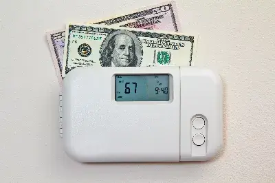 Air Conditioning Costs, Digital thermostat with hundred dollar bills behind, symbolizing cost savings in air conditioning.